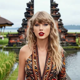 taylor swift wearing batik bali in bali. temple, lake, rice field, ocean. front view. instagram closeup holiday photo shoot, perfect faces, award winning photography