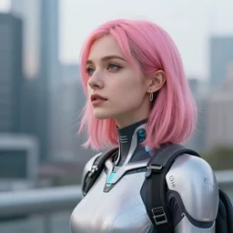 An attractive transhumanist woman with pink hair staring at the city