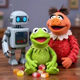 a still the muppets of kermit the frog made out of candy next to a robot mrs piggy