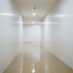 a curved hallways made of white tiles, flooded,
