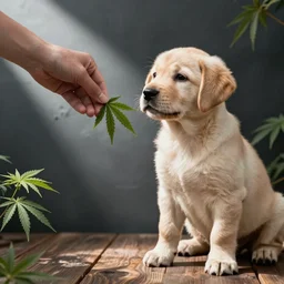 a stock photograph image of a labrador retriever puppy offering someone to take his marijuana