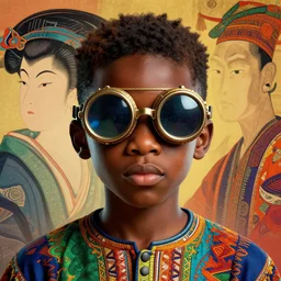 colourful vfx upper half - portrait - art of a nigerian boy wearing steam punk goggles, art by utagawa kunisada & james jean, digital render, digital illustration, concept art, caricature, volumetric light, ray tracing, symmetrical, unreal engine, octane 3 d render, 8 k post processing, sharp, detailed, intricate detail, pinterest, behance, art station,