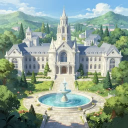 A college academy in a beautiful elven city made of white marble, anime, lush trees, fountain, a fantasy digital painting by Greg Rutkowski and James Gurney, trending on Artstation, highly detailed