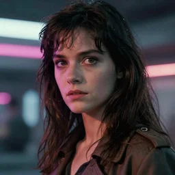 full - color cinematic movie still from the 1 9 8 2 film blade runner starring actress phoebe cates. science - fiction ; action ; neon ; gritty ; dystopian ; detective mystery. detailed facial - features.