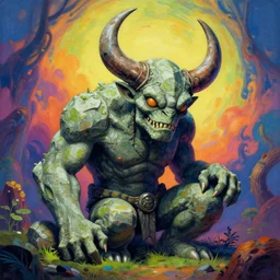 A psychedelic portrait of stone giant hook horror (juvenile) , vibrant color scheme, highly detailed, in the style of romanticism, cinematic, artstation, Moebius, Greg rutkowski