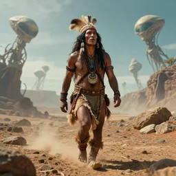 photo of a prehistoric shaman walking in amazement on an alien planet