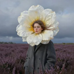 portrait, a giant flower head, a girl wearing a coat in heather field, surreal photography, wind and cold, dramatic sky, impressionist painting, digital painting, artstation, simon stalenhag