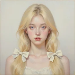 a symmetrical portrait of a blonde woman with bows, oil painting, pale colors, high detail, 8 k, wide angle, trending on artstation,