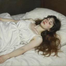 The painting is of a woman lying on her back on a bed, with her eyes closed and her arms at her sides. She is wearing a white nightgown, and her hair is spread out around her head on the pillow. The background is a dark, neutral color. The painting is incredibly realistic, and the level of detail is amazing. The folds in the nightgown, the texture of the woman's skin, and the way her hair falls around her face are extremely detailed