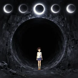 mamoru oshii miyazaki movie poster, brutalist, girl outside a dark sewer entrance, six foot sewer pipe, eclipse, vanta black, entrance to a dark tunnel, black circle, black round hole, black depths