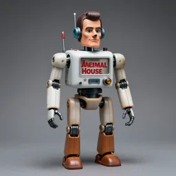 Highly detailed robot remote controlled animatronic half scale doll toy in the likeness of John Belushi’s Bluto from Animal House, Studio Lighting
