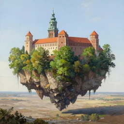greg rutkowski painting of an island floating in the air above a barren wasteland, on the island there is a cracow wawel castle and a lot of green vegetation, beautiful, detailed