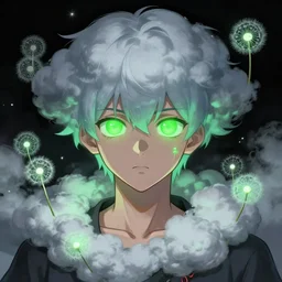 nuke cloud dandelion male anime character, symmetrical, highly detailed, digital art, sharp focus, trending on art station, green eyes, glowing radioactive colours