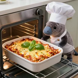 platypus wearing a chef hat while putting a lasagna in an oven, with three basil leaves over the lasagna