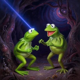 oscar the grouch laser blasting kermit the frog, cosmic horror painting, elegant intricate digital painting artstation concept art by mark brooks and brad kunkle detailed