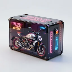 full shot of a box - shaped sci - fi vehicle made from dark glass and plastic surfaces with neon kanji decals in the style of bladerunner 2 0 4 9, ducati diavel, side lights, studio lighting, octane render, light background