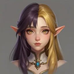 A detailed digital art head on symmetrical fanart portrait of a cute elven woman with split coloredhair  by Charlie bowater and lise deharme wlop,  critical role