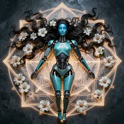 a beautiful intricate fine art portrait photo of an indian cyborg with cybernetic implants, epic wavy hair spread out around her lined with white hibiscus, lying on a glowing mandala, by anna dittman and ed binkley, masterpiece!, turquoise blue face, mechanical industrial robot body, top view, studio lighting, golden ratio composition, 3 5 mm lens, deep depth of field, artstation, 8 k