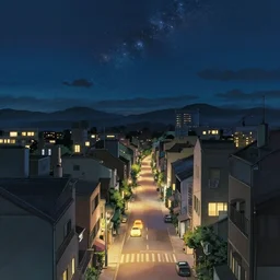 very beautiful night, starry sky, overlooking the street, the view from the top of the building, by makoto shinkai and studio ghibli, 8 k