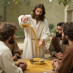Jesus pouring mustard on his followers
