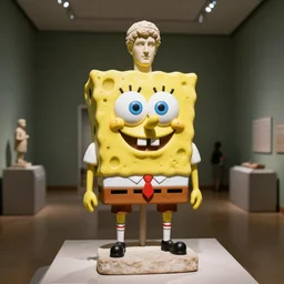 a museum exhibit of the ancient roman statue of spongebob squarepants. high quality photograph