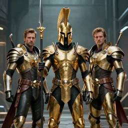retrofuture cyberpunk spartan tall holding spear golden face mask gold armor ryan church, jon mccoy, george hull