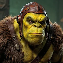 still from game of thrones of a huge ogre, bald, yellow skin, portayed by elon musk, leather pilot cap, d & d, high fantasy, by donato giancola, facial detail, extremely detailed, comic book cover photo