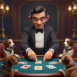 a highly detailed matte portrait mister bean playing poker with dogs, standing at a card table, art by artgerm and greg rutkowski and alphonse mucha, volumetric lighting, octane render, 4 k resolution, trending on artstation, masterpiece