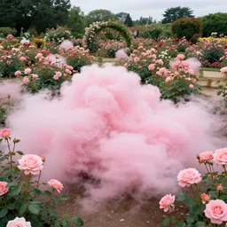 super wide angle, rose garden, pink marshmallow clouds