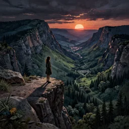 A lonely woman looks down from a gigantic cliff, mountains, gorgeous view, lush valley, distant forest, spirals, distant city, distant glow, night, sunset, dramatic light, Chiaroscuro, long shadows, dark, masterpiece, high detail, detailed, illustration by Paul Gustave Doré