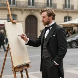 mcgregor is dressed as a gentleman at early 2 0 th century paris. he is watching an easel. that easel has a canvas on it. ewan mcgregor has a brush on his hand. he is painting a painting. on background has river seine, morning sun, dark clouds, lightning, by william - adolphe bouguereau