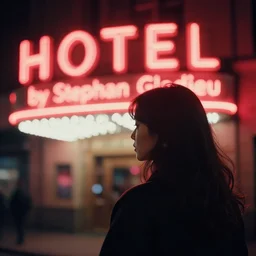 A hyper realistic and detailed photography of a woman from the back. In the background there is a red neon sign that says HOTEL by Stephan Gladieu. Neo noir style. High quality. Cinematic. Extreme Swirly bokeh. Cinestill 800T film. Lens flare. Detailed.