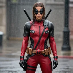 fully body pose, photo of a very beautiful!! victoria secret model, deadpool, wet hair, raining, 8 k, hdr, smooth, sharp focus, high resolution, award - winning photo, trending on artstation, dslr, 5 0 mm