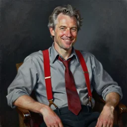 palette knife oil painting portrait of lars erickson, a greying man who is relaxed and reliant. he wears a suit shirt with no jacket, red suspenders, a loose tie, and folded up sleeves. dashing smile., extreme detail, artstation trending, noir, artgerm, any racial background, deviant art, octane, substance, art history 8 k