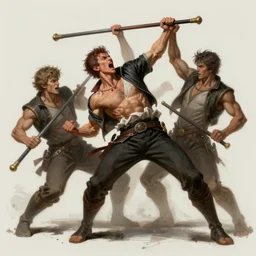 a screaming man, atacking and defending using a quarterstaff. beeing atacked from all corners. intricate, elegant, highly detailed, digital painting, artstation, concept art, sharp focus, illustration, by justin gerard and artgerm, 8 k