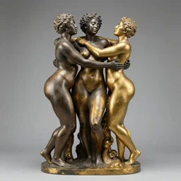 onyx and gold sculpture of three beautiful sensual obese black people embracing each other in ecstasy, climax, museum artifact