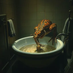 fierce frog tiger stalks it's prey in the bathroom basin, atmospheric lighting, golden hour, intricate painting by greg rutkowski, ruan jia, tom bagshaw