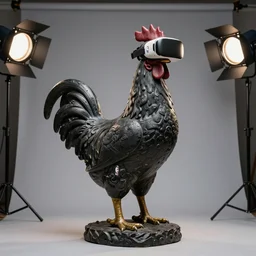 a portrait of monumental rooster antique statue in shape of creative man, vr helmet on man, black rock statue material, nba logo, studio light, hasselblad photo, 8 k resolution
