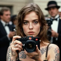 a heavily tattooed white girl with brown hair and green eyes, dutch, wide set eyes, oval face, round cheeks, leica s, 5 0 mm lens, kodachrome, 1 9 6 9, on the set of the godfather, shot by bruce gilden