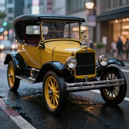 color photograph close up macro shot of a ford t car on wet tokyo street at night in the future, intricate, hyper detailed, smooth, dramatic lighting, cinematic