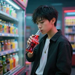 cyberpunk young boy buying coke at the shop. 8 k, hd, portrait.