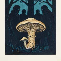 ancient beings, by gediminas pranckevicius, dark shadows, woodblock, complementary - colors, tremella - mesenterica, poster, polished, discovering enlightenment, by james gilleard, a touch of beksinski
