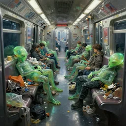 cyberpunk detail painting of subway car full of garbage with translucent sleeping green aliens, deep displacement, back light, reflections, raytracing, raymarching, subsurface scattering, digital art, painted by alan lee