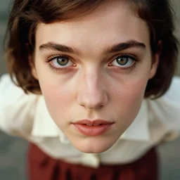 “ beautiful brown hair model close up wearing shirt and skirt, soft, 1 9 6 0 ’ s fashion, 1 5 0 mm f 2. 8, extreme close up face shot, hasselblad, photo by brian ingram, david lazar, lisa kristine, steve mccurry, high quality, symmetrical face, clear skin, 4 k, dramatic lighting ”