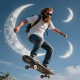 a man having long beard and wearing sunglasses traveling through skateboard in the magical world, full body , moons around him, dreamy world,magical effect, clean and clear face , sharp image, illustration, glowing effect, 8k , concept art trending on artstation, hyperdetailed, hyperreal , ultra reasltic