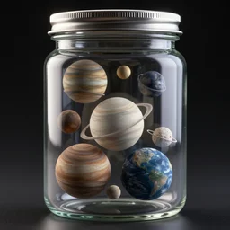 several planets and moons inside a glass jar, with a metal lid, black background, back light, intricate, highly detailed, volumetric lighting, hyper realistic, octane render 8 k, specular highlights, reflections, subsurface scattering, artstation, cgsociety, inspired by famous artists