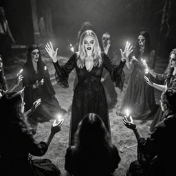 old photo of a cult in circle summoning Margot Robbie, creepy, dark, black and white