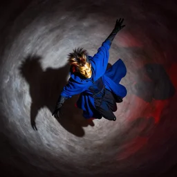 person falling into abyss dynamic shadows abstract grandiose golden face makeup long blue cloak black gloves blue red light mullet mati klarwein
