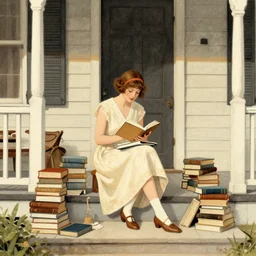 girl studying on a front porch, books all over the place, photography illustration 1920s