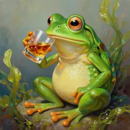 Distinguished merman Pepe the Frog drinking the finest whiskey in a glass, Algae. Trending on ArtStation and Pixiv. A vibrant digital oil painting. A highly detailed fantasy character illustration by Wayne Reynolds and Charles Monet and Gustave Dore and Carl Critchlow and Bram Sels